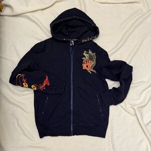 Men's Navy Blue Hoodie with Red and Yellow Embroidery